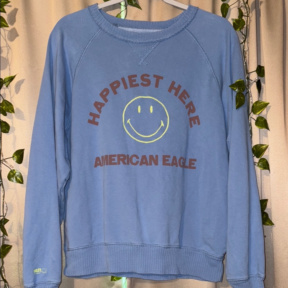American Eagle Outfitters Blue Crew Neck Sweater with Smiley Face